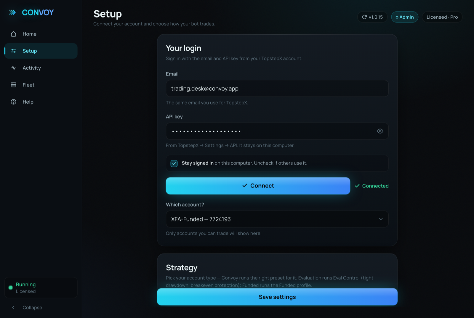 Setup and strategy presets